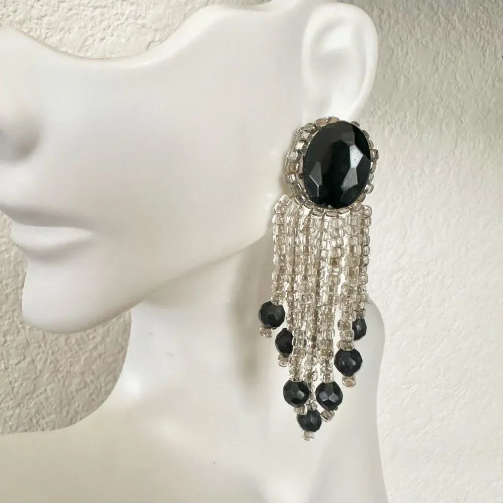 Black and clear beaded vintage earrings